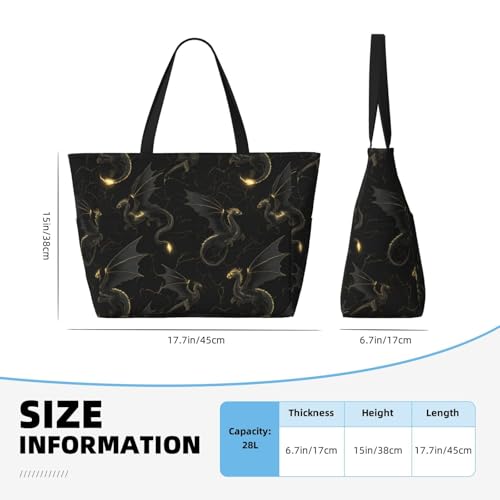 Large Beach Bags for Women Sandproof - Cool Black Gold Dragon Print Summer Work Travel Tote Bags with Zipper2