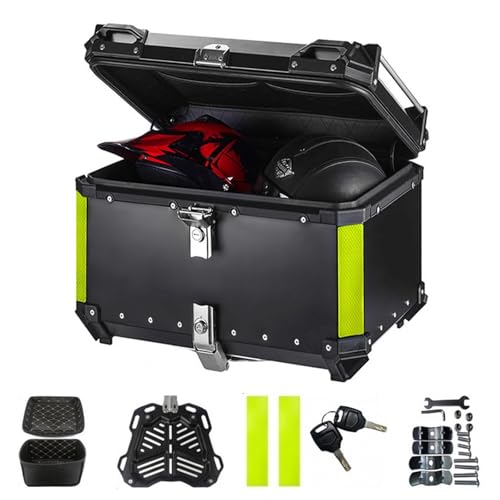 VBOOLAS Top Case Moto 55L Alliage d'aluminium, robuste et étanche, Topcase universel avec serrure de sécurité, dossier et sol, pour le rangement du casque (noir A)