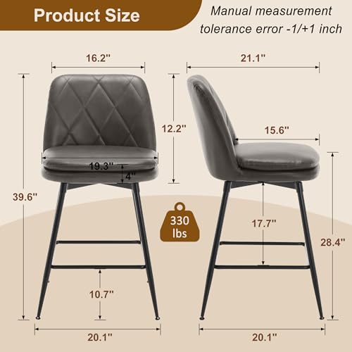 Image of Swivel Bar Stools Set of 2, Swivel Counter Height Bar Stools Set with Metal Legs and Upholstered Faux-Leather Seats, Modern Bar Stool with Back for Kitchen Island (A29 H, Grey)