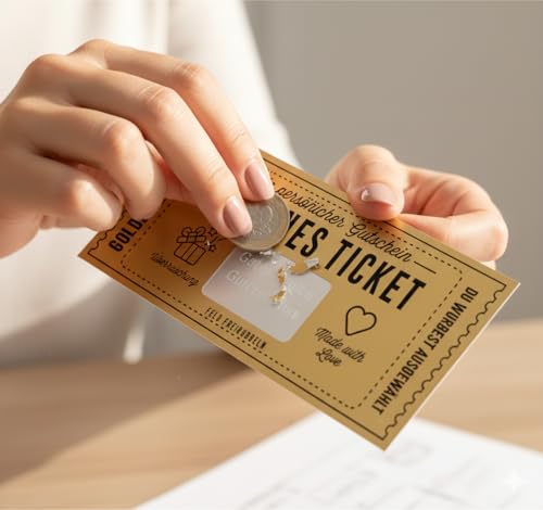 Generisch Generisch 2X Goldenes Ticket zum selber ausfüllen - Rubbelkarte zum beschriften - Geschenke für Frauen, Geschenk für Freundin, Geburtstagskarte, Geburtstagsgeschenk, Reisegutschein - Designansicht 6 | TV | Video | Foto