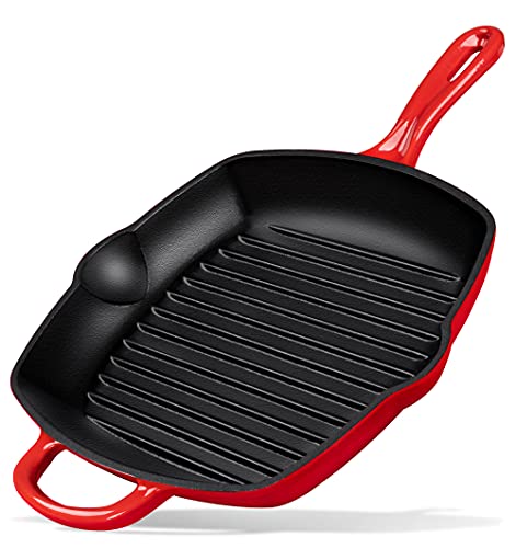 MICHELANGELO Cast Iron Grill Pan, 10 Inch Cast Iron Pan with Enamel Coating, Skillet Grill Pan for Stove, Indoor Grill Pan for Induction, Square Grill Pan, Enamel Cast Iron Red