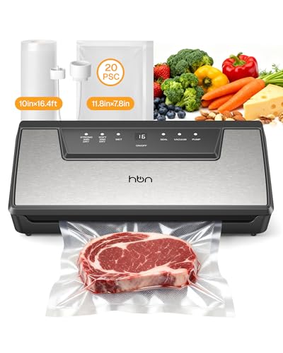 Image of HBN Food Vacuum Sealer Machine, 80kPa Automatic Vacuum Sealer for Dry & Moist Food, Hands-Free Lid, Stainless Steel, Built-in Cutter & Bag Storage, Includes 1 Roll & 20 Bags