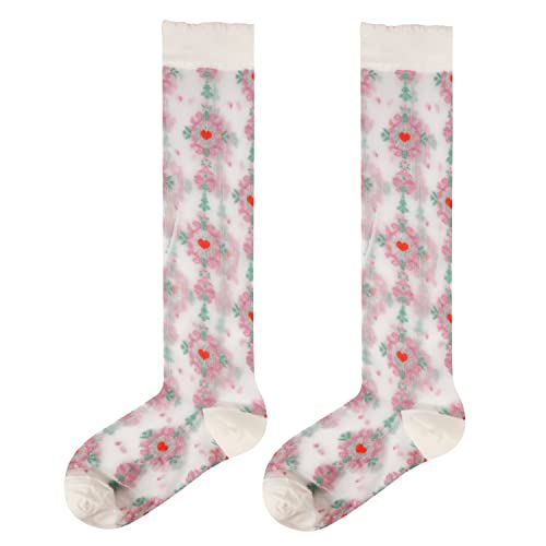 Benefeet Sox Womens Girls Cute Lace Knee High Socks Purple Sheer Mesh Knee High Stockings Transparent See Through Ultra Thin Silk Fancy Flower Patterned Printed Long Stocking Socks, Purple Floral #TOP5