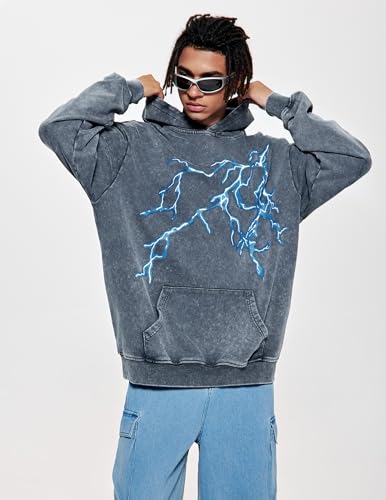 Vamtac Lightning Graphic Hoodies for Men Oversized Unisex Wash Hoodie Y2k Vintage Pullover Hooded Sweatshirt