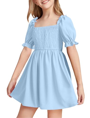 DivingBirds Tween Girls' Dresses Elegant Ruffle Sleeve Kids Dress for Girls Teenagers Ladies Casual Summer Dresses, Light Blue 9-10 Years