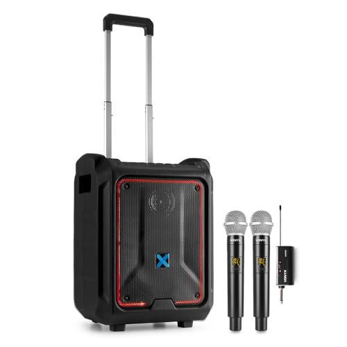 VONYX SPLASH300 Weatherproof Portable PA Speaker System with Dual Wireless Microphones, Bluetooth, LED Lights, Trolly Handle and Wheels - 200W