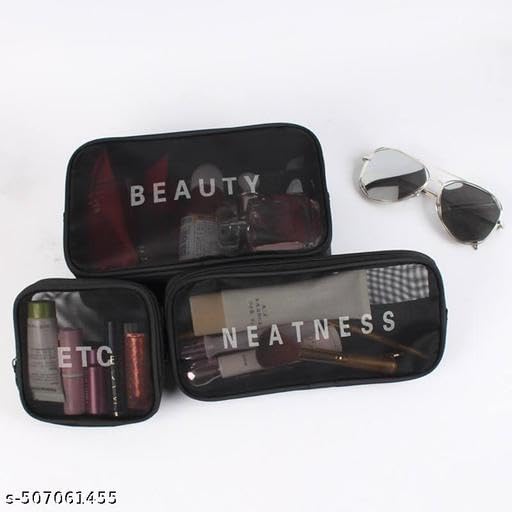 (ONLY POUCHES) Travel Nylon Mesh Makeup Bags Set 3 Pieces See Through Zipper Pouch Travel Cosmetic And Toiletry Kit Organizer Bag 3 Pack Of S M L 3-in-1-mkup-nvyblu-09-14 SB-P9293 4