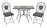 DEGAMO Balkonset Siena 3-teilig, 2X Klappstuhl und 1x Tisch 45x90cm rechteckig, Eisen schwarz mit Mosaik Dekor grau/Weiss, mit Polstern grau