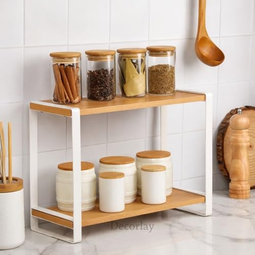 Image of Decorlay Metal & Wooden Spice Rack Organizer Space Saver Counter-top Storage for Kitchen, Bathroom, Office, and Cosmetics (White + Beech, Two - Tier)