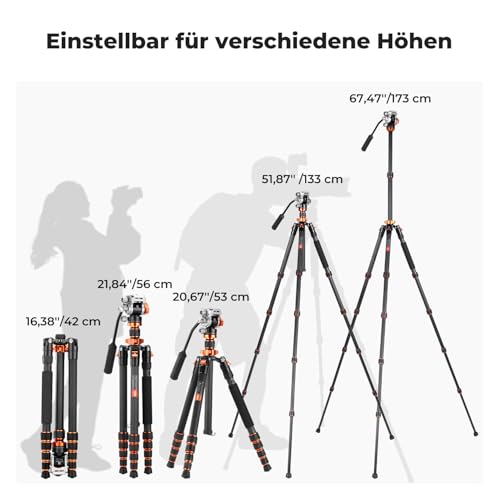 K&F Concept Carbon Stativ 173cm mit Videokopf und Einbeinstativ