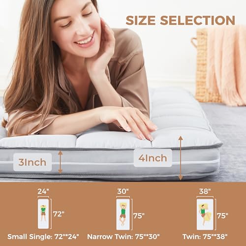 Jamdok 4Inch Cot Mattress Topper,Narrow Twin Gel Infused Memory Foam,Machine Washable Cotton Cover,Roll Up Floors Mat,Portable Folding Sleep Pad(75 X 30“)