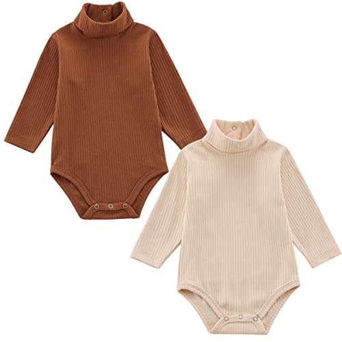 Image of KISBINI Baby Turtleneck Bodysuit Long Sleeve Solid Ribbed Cotton Outfits for Baby Boys Girls 3-18 Months
