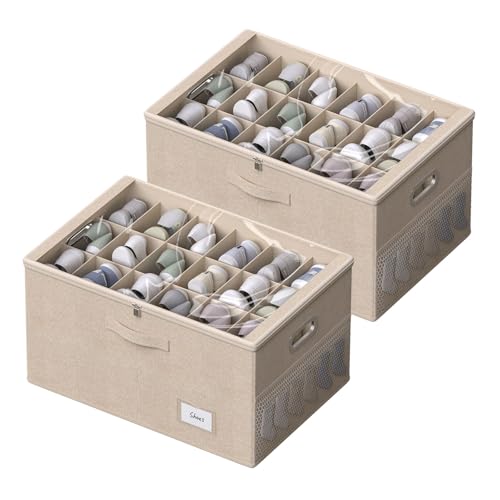 2-Pack-Shoe-Organizer-for-Closet-Large-Shoe-Box-Storage-Containers-with-Clear-Window-Space-Saving-Shoe-Bin-with-Foldable-Bottom-Support-Adjustable-Dividers-Fits-36-Pairs-Beige-24416513inchx2 2 Pack Shoe Organizer for Closet Large Shoe Box Storage Containers with Clear Window Space Saving Shoe Bin with Foldable Bottom Support Adjustable Dividers Fits 36 Pairs (Beige, (24.4*16.5*13inch)x2) - Image 1