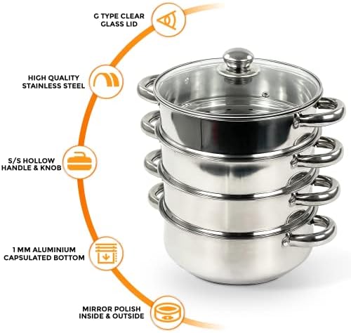 4 Tier 24cm Induction Hob Steamer Multi Veg Cooker Stainless Steel Pot Pan Set with Lid