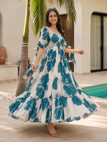 Image of Modestouze Attires Women's Floral Pattern Rayon Blend Maxi Dress with Sweetheart Neck Half Puff Sleeve Floor Length and Zipper Closure Type | Maxi Dress for Women Stylish | Dress for Women