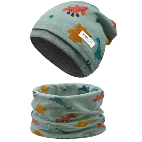 Enwokran Conjunto de Gorro y Bufanda para Niños y Niñas 3 a 8 Años Beanie Sombreros Lindos Bufanda Tubular Conjunto Patrón de Dibujos para Otoño Invierno Primavera (Dinosaurio-Verde claro)