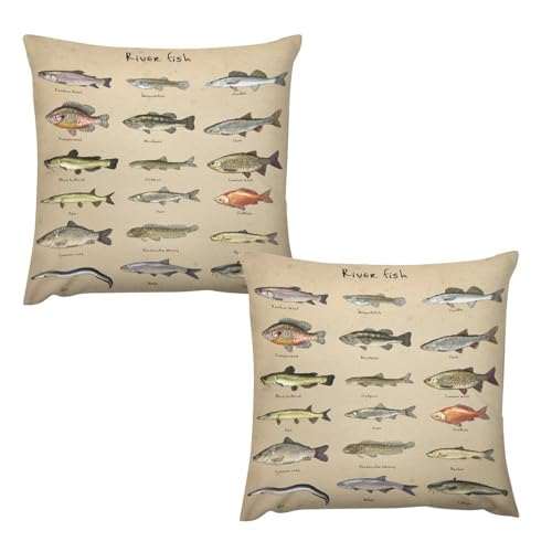 Fish Print Pillow Covers,Vintage Style Lake River Fishing Old Paper Pattern Throw Pillow Cases Set of 2 for Living Room Couch Bedroom Recliner Sofa Chair Car, 18x18in