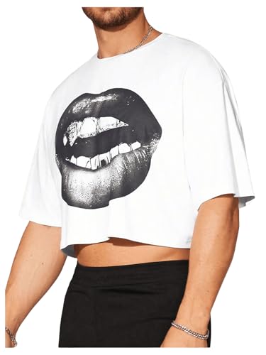 GORGLITTER Men's Graphic Tees Cropped Shirt Tops Short Sleeve Rhinestone Lips Crewneck Tee