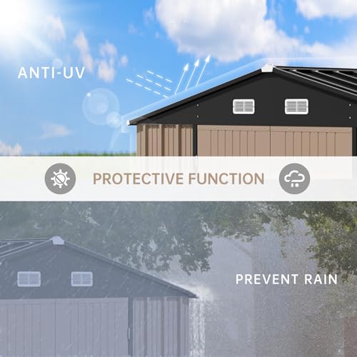 Zstar 12x10 FT Metal Outdoor Storage Shed, Steel Utility Tool Shed Storage House with Lockable Door Design, Metal Sheds Outdoor Storage for Garden, Patio, Backyard, Outside Use, Brown