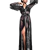 BIGFOX Women’s Sexy Lace Robe Kimono Lingerie Babydoll Bathrobes Chemise Bridal Sheer Nightgowns for Wedding Party Maxi Covers up (US, Alpha, One Size, Regular, Regular, black)