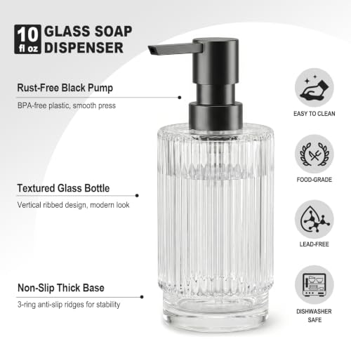 Image of VIMERPA Glass Soap Dispenser with Pump, 2 Pack 10 fl oz Clear Hand Soap Dispensers for Bathroom, Ribbed Style Dish Soap Dispenser for Kitchen, Modern Refillable Liquid Soap Pump Bottle