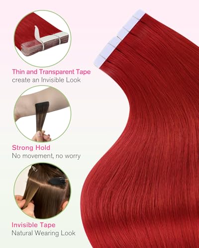 Image of YoungSee Tape Hair Extensions Red Tape in Extensions Human Hair Colored Can be Heat-styled Hair Extensions Real Human Hair Tape in for Women 10pcs 25g