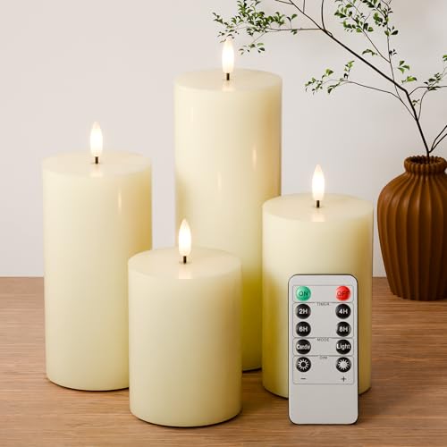 Image of Flickering Flameless Candles, Real Wax Battery Operated Candles with Remote, Flat Top Led Flameless Pillar Candles for Home, Wedding, Party Decor, Set of 4, Φ 3 inch H 4 inch 5 inch 6 inch 8 inch, Ivory