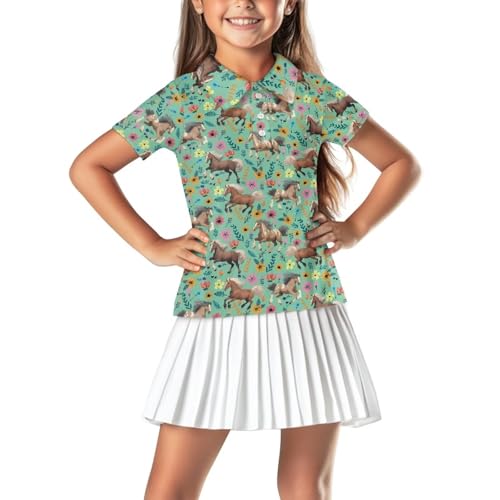 Flaishyardaw Brown Horse Girls Uniform Shirts Size 11-12 Summer Short Sleeve Collared Tennis & Golf Tops Quick Dry Soft Performance Activewear for Youth, Comfortable for Casual & Sports Clothes