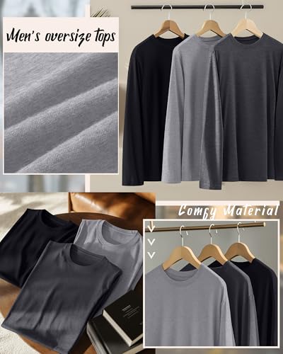 Ficerd 3 Pack Men's Big and Tall Shirts Long Sleeve Cotton Tee Crew Neck Oversize Tops Casual Loose Fit Knitted T Shirts3