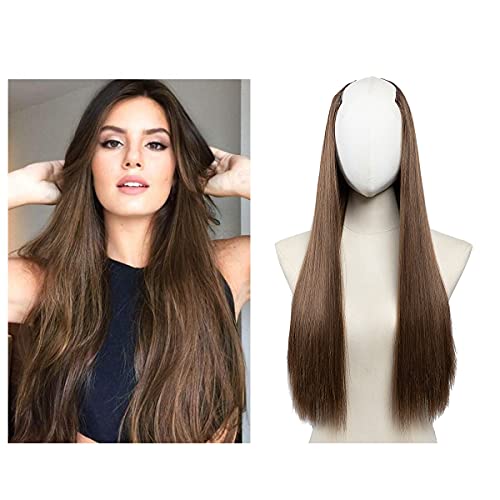 U Part Wig Full Head Light Brown Hair Extensions Clip in Long 24 Inch Straight Synthetic Hair Pieces for Women SARLA