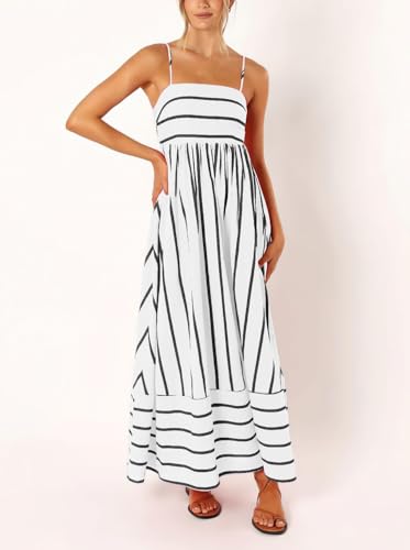 utcoco Womens Summer Striped Back Smocked Maxi Sundresses Spaghetti Strap Cut Out Flowy Swing A Line Long Dress3