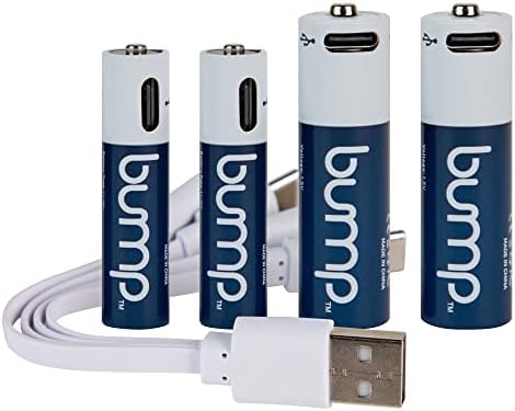 BUMP 2 AA + 2 AAA Rechargeable Batteries – Battery 4 Pack - Lithium Ion, High Output, Fast & Long Lasting USB-C Charge, Use w/Remote Control, Toys, Keyboards, Charger Cable Included