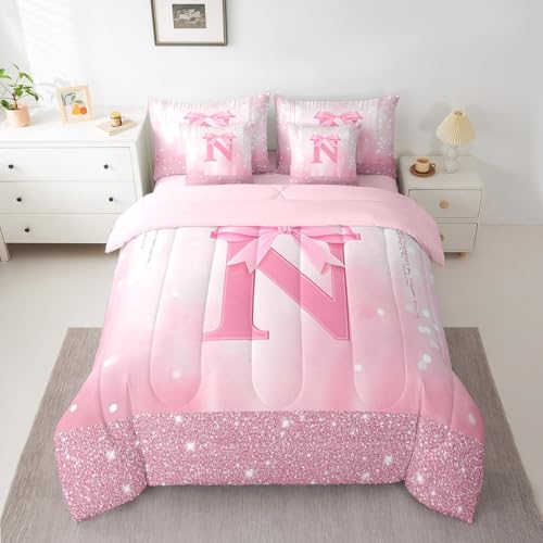Image of Feelyou Boys Girls Pink Bowknot Bed in A Bag Queen Size, Personalized Initial N 7 Pieces Bedding Set Princess Glitter Comforter Set with Sheets Kids Bow Monogrammed Teens Bed Set Bedroom Decor 7Pcs
