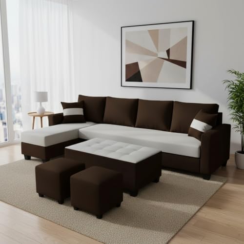 Image of CASASTYLE Adonway 8 Seater Fabric LHS L Shape Sofa Set (Light Grey-Dark Brown) Premium Velvet Finish | Ideal for Living Rooms
