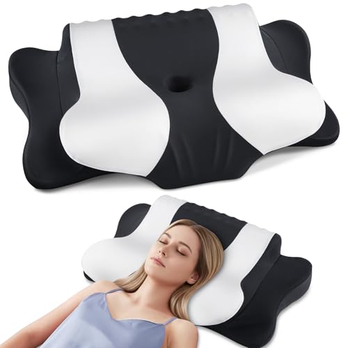 DONAMA Cervical Neck Pillow for Pain Relief, Orthopedic Contour Neck Pillow with Memory Foam Ergonomic Pillows with Dual Heights for Back, Stomach and Side Sleepers (Black, 26