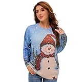 Women's Snowman Christmas Sweater, Oversized Knit Cozy Soft Pullover Crewneck with Winter Forest (Ugly Christmas Sweater,S)