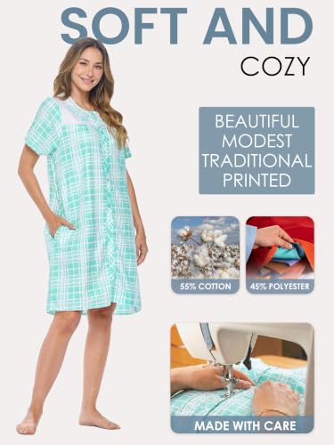 Image of Casual Nights Women's Snap - Front House Dress Short Sleeve Woven Housecoat Duster Lounger Robe with Pockets