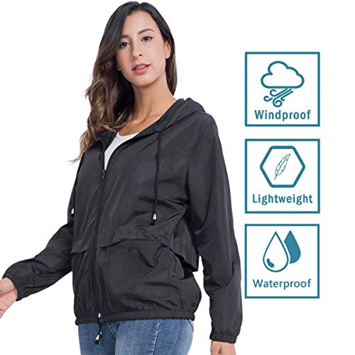 JTANIB Women's Raincoat Waterproof Windbreaker Lightweight Hooded Outdoor Packable Fashionable Color Block Jacket