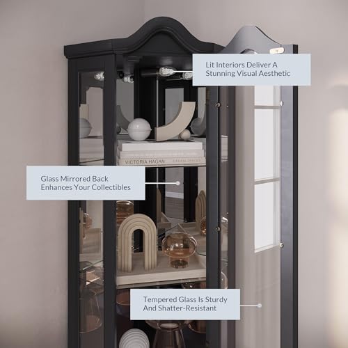 Image of BELLEZE Lighted 3-Side Glass Display Curio Cabinet w /Tempered Glass Doors and Shelves, Curved Wood Corner Cabinet with Bulb, Corner Storage Rack for Living Room and Kitchen (Black)