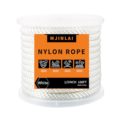 1/2 Inch Nylon Solid Braided Rope 100Ft Wearproof high UV & Abrasion Resistant Multipurpose Rope for Swings Marine and Outdoor Twine Flag Line Dog Leashes Clothes Line-White