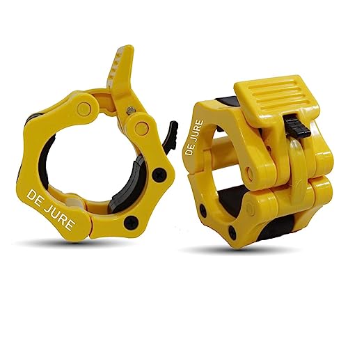 Image of De Jure Fitness Olympic Barbell Collars 2 Inch Pair - Quick Release Locking Design - Heavy Duty ABS Lock-Jaw Barbell Collars for Weightlifting, Powerlifting, CrossFit & Strength Training - Yellow
