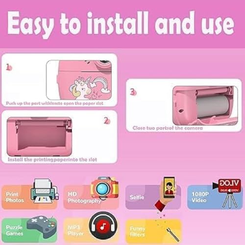 Image of Camera for Kids with Print, Instant Print Camera for Kids, Dual Selfie Digital Camera with 1080P 32 GB HD Videos Recoding, 48 MP Instant Photo Printer for Boys and Girls (Pink)