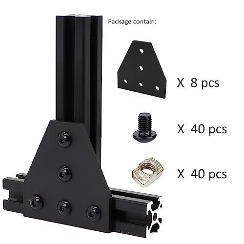Image of 8 Sets 2020 Aluminum Extrusion T Slot Corner Bracket 20 Series Extruded Hardware T Shape Joint Plate with Nut Bolt for 20 /20 20mm T V Slot Black Aluminum Profile Connector Accessories
