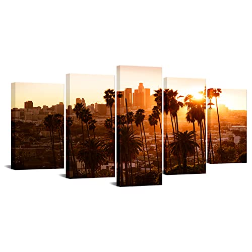KREATIVE ARTS 5 Panel Los Angeles Wall Art Beautiful Sunset Through the Palm Tree LA Skyline Canvas Print California Home Decor Artwork Gallery Wrapped Wood Stretched and Ready to Hang 50x24 inches
