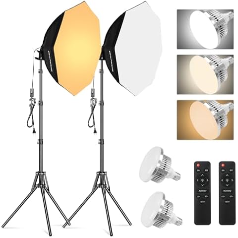 Soonpho Softbox Lighting Kit, Octagon Softbox Photography Lighting Kit with Softbox 22Inch/55cm (2 Pack), 85W 3000-6000K Remote Control LED Lighting Bulds, Studio Lights for Video Recording Cover