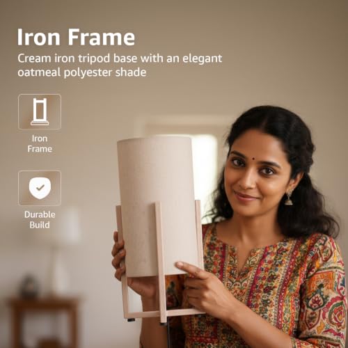 Image of Amazon Basics Minar White Iron Frame Table Lamp | Cream Iron Tripod Base with Polyester Shade | E27 Holder | Decorative Night Lamp for Bedroom, Living Room & Study Room | Home Decor Gift