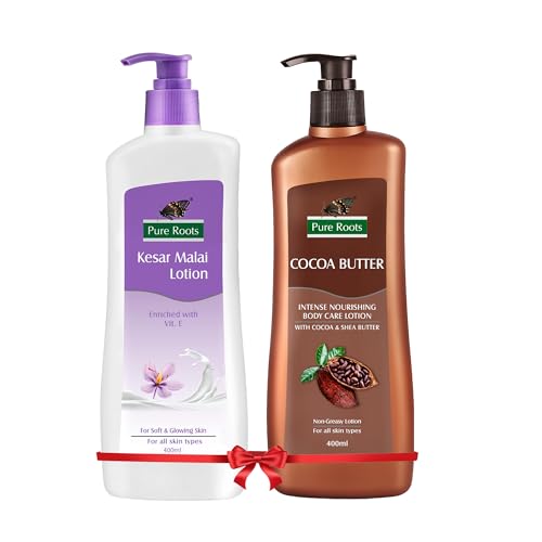 Image of Pure Roots 400ml Each Kesar Malai & Cocoa Butter Body Lotion Combo Pack (Pack of 2) | Nourishing & Hydrating Moisturizer for Men & Women | Fast Absorbing, Non-Sticky Lotion for All Skin Types - Total 800ml