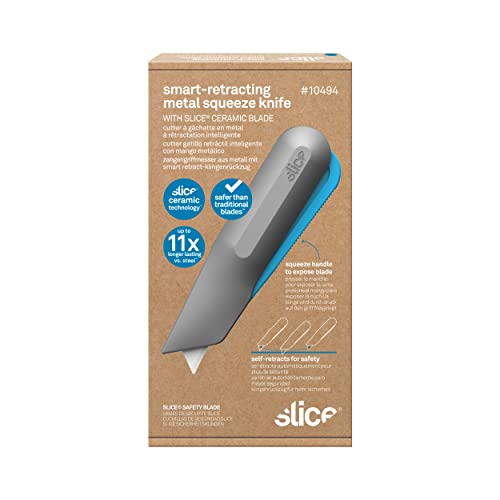 Slice 10494, Squeeze Knife Box Cutter, Ceramic Blade, Finger Friendly, Lasts 11X As Long, Safety Lock Switch, Metal Handle, Blade Smartly Retracts While Cutting, 6 Pack #TOP3