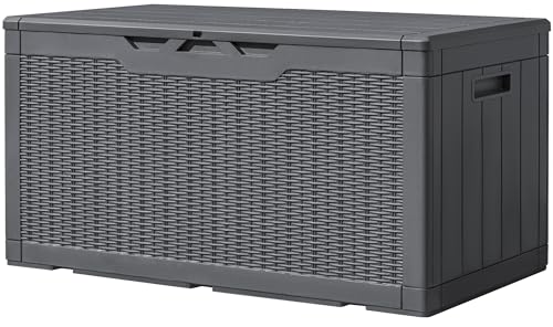 Image of Greesum 100 Gallon Resin Deck Box Large Outdoor Storage, Imitation Rattan Weave Texture for Patio Furniture, Garden Tools, Pool Supplies, Weatherproof and UV Resistant, Lockable, Gray