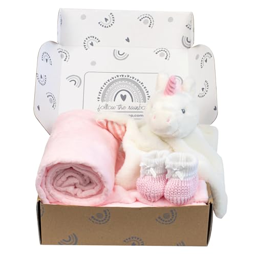Baby Box Shop - 4 artículos esenciales para bebé recién nacida, ideal como regalo de baby shower y regalo de bautizo para niñas, incluye un edredón de unicornio para bebé, manta de bebé de forro polar